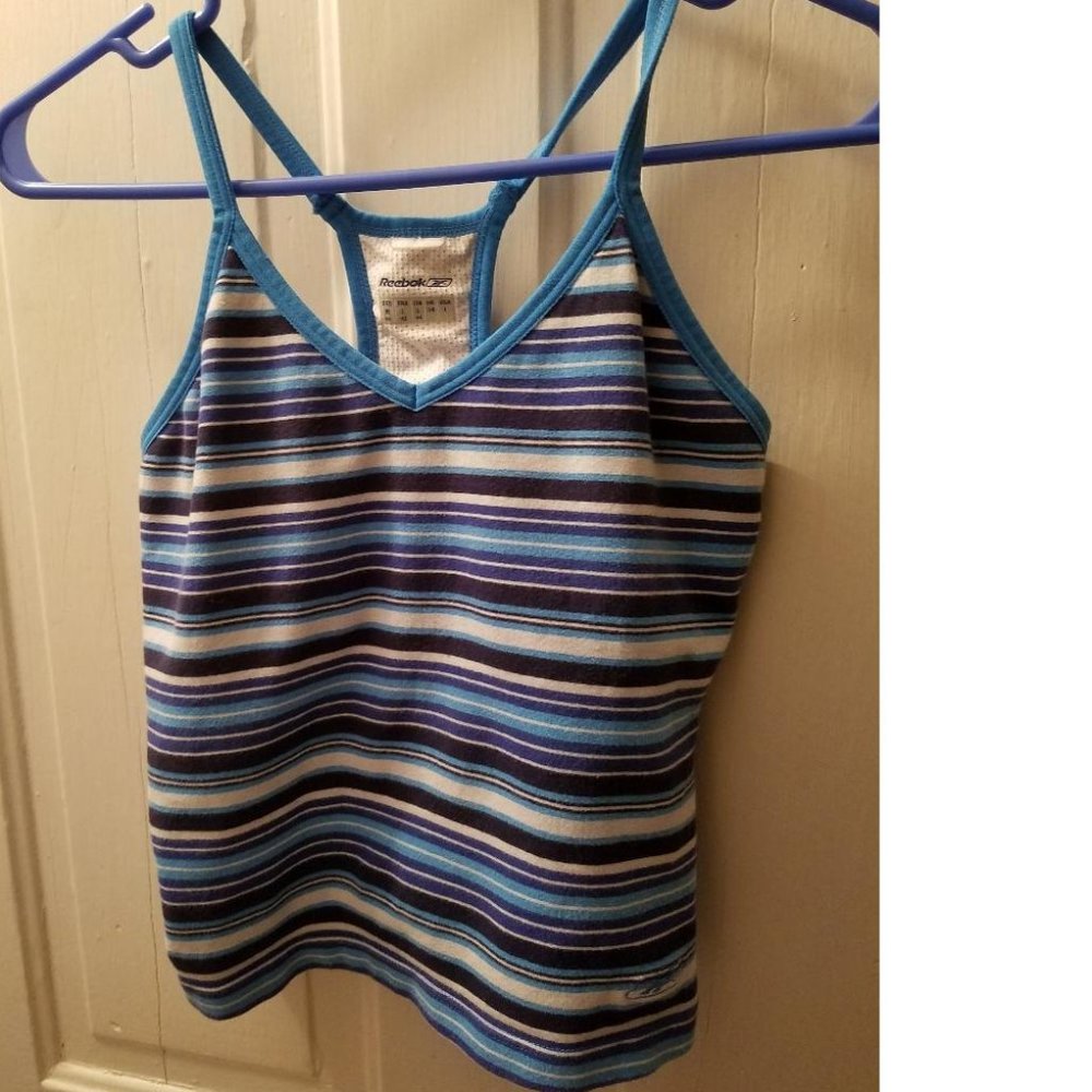 Reebok Crop Athletic Workout Top Blue & White Striped Spaghetti Straps
